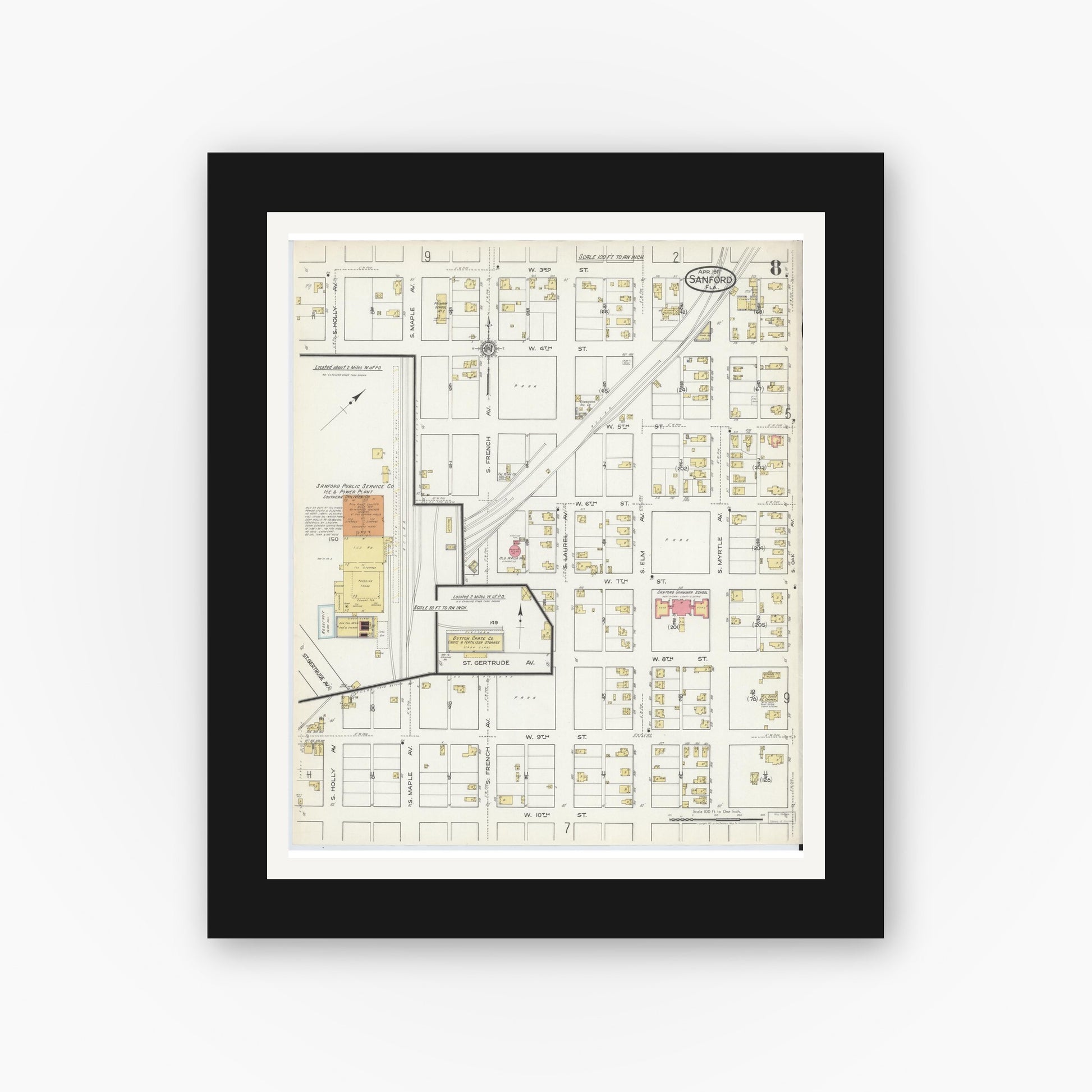 Old map wall art mockup — black gallery frame with white mat — Sanborn Fire Insurance Map from Sanford, Seminole County, Florida (1917), Sheet #0008