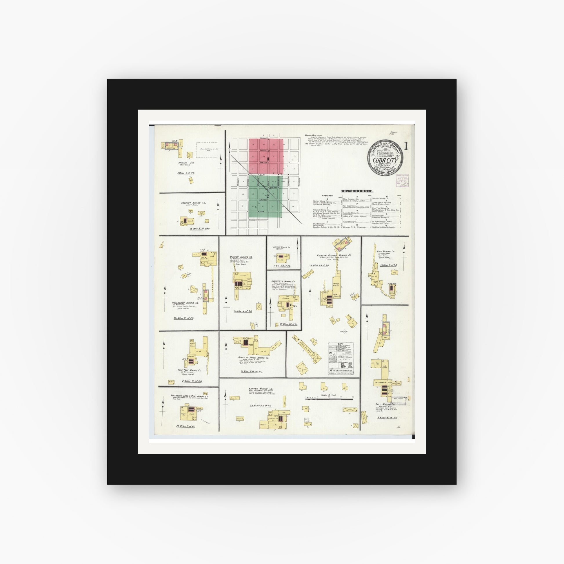 Old map wall art mockup — black gallery frame with white mat — Sanborn Fire Insurance Map from Cuba City, Grant County, Wisconsin (1908) - Complete Map Set