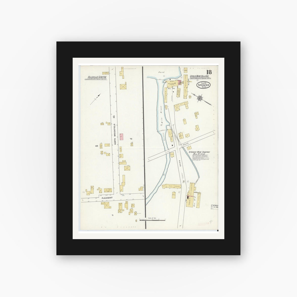 Old map wall art mockup — black gallery frame with white mat — Sanborn Fire Insurance Map from Spencer, Worcester County, Massachusetts (1912), Sheet #0018