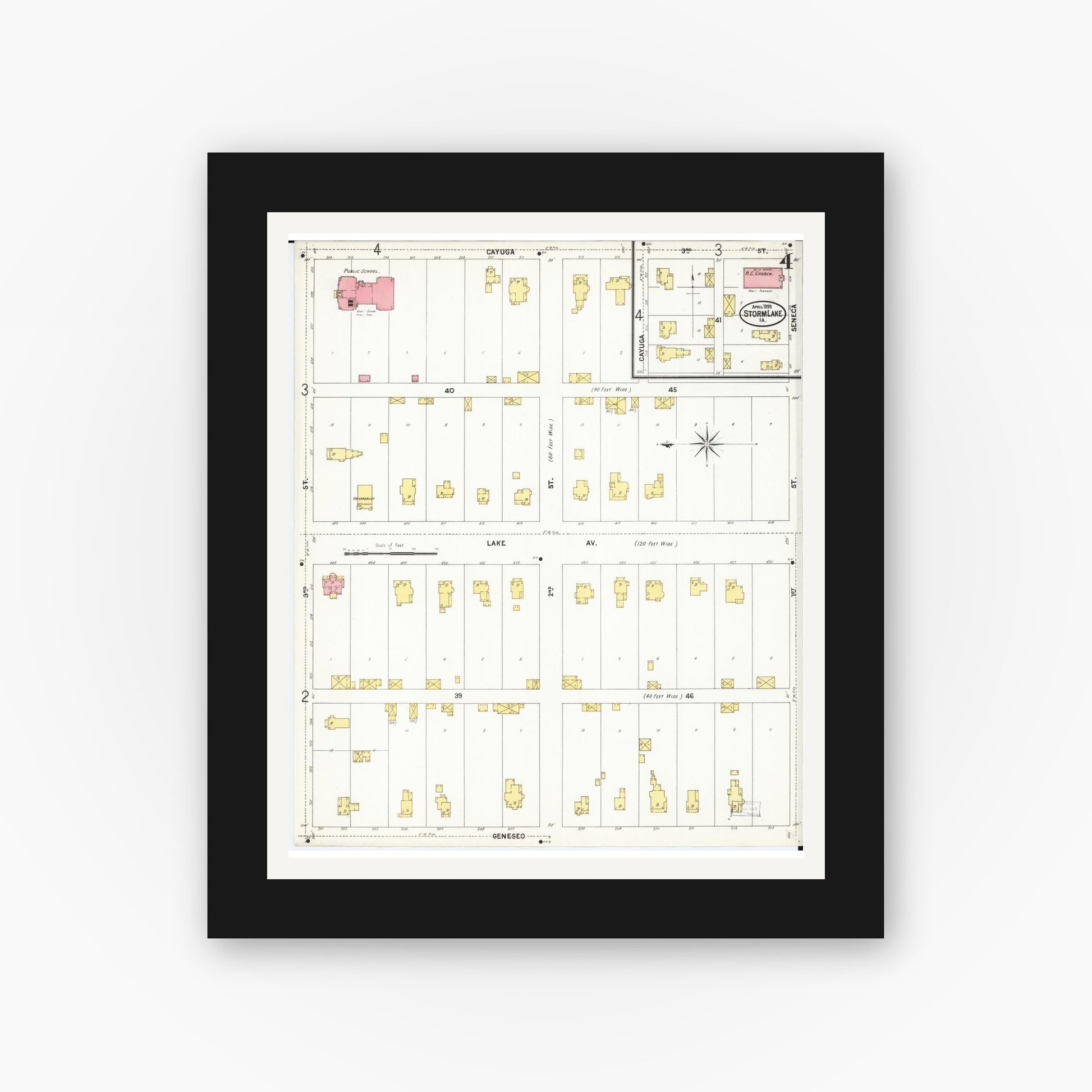 Old map wall art mockup — black gallery frame with white mat — Sanborn Fire Insurance Map from Storm Lake, Buena Vista County, Iowa (1899), Sheet #0004