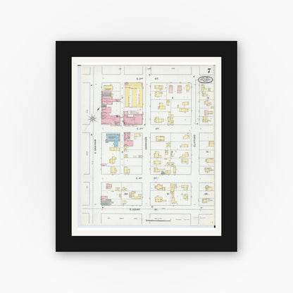 Old map wall art mockup — black gallery frame with white mat — Sanborn Fire Insurance Map from Flint, Genesee County, Michigan (1892), Sheet #0007