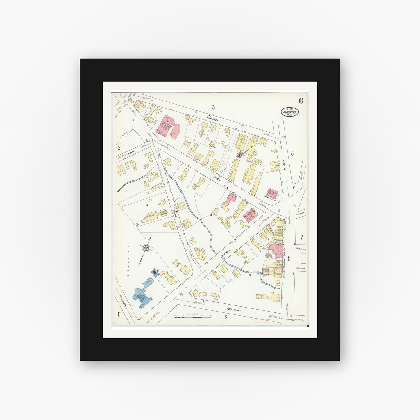 Old map wall art mockup — black gallery frame with white mat — Sanborn Fire Insurance Map from Andover, Essex County, Massachusetts (1911), Sheet #0006