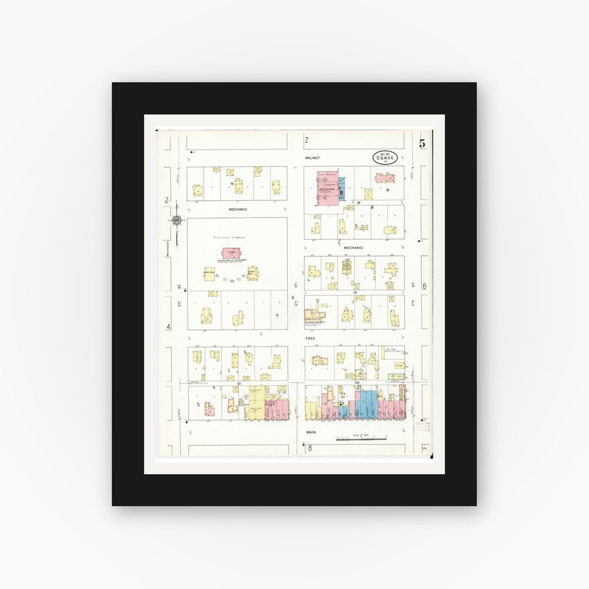 Old map wall art mockup — black gallery frame with white mat — Sanborn Fire Insurance Map from Osage, Mitchell County, Iowa (1911), Sheet #0005