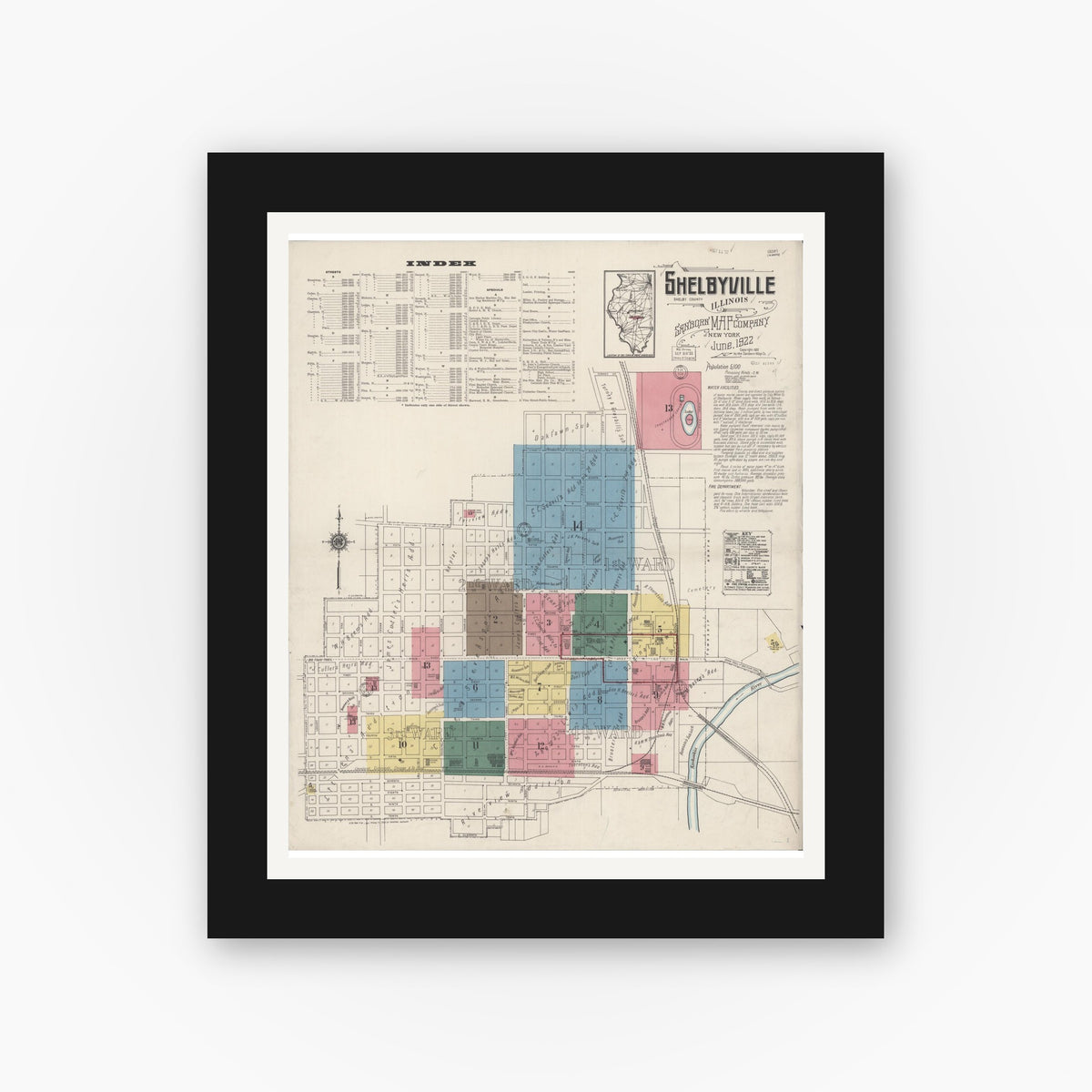 Old map wall art mockup — black gallery frame with white mat — Sanborn Fire Insurance Map from Shelbyville, Shelby County, Illinois (1922) - Complete Map Set