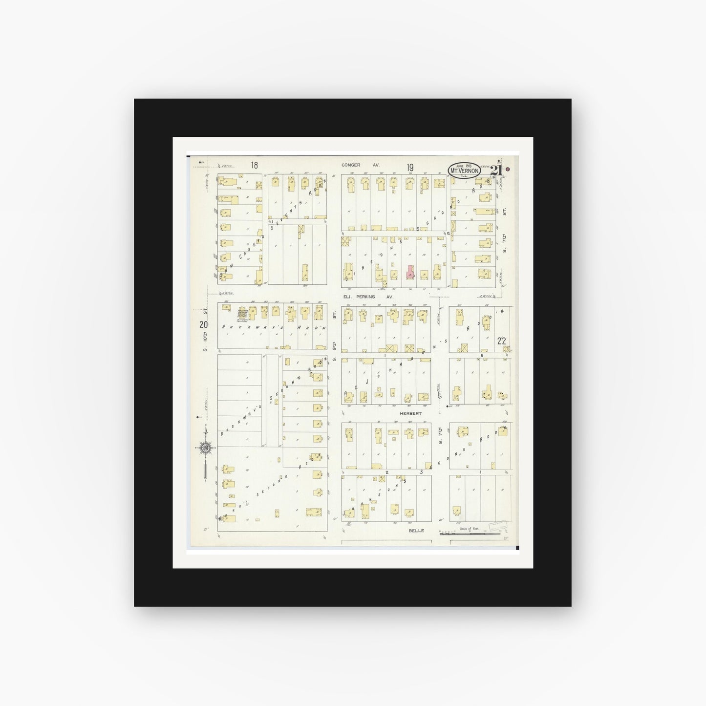 Old map wall art mockup — black gallery frame with white mat — Sanborn Fire Insurance Map from Mount Vernon, Jefferson County, Illinois (1913), Sheet #0021