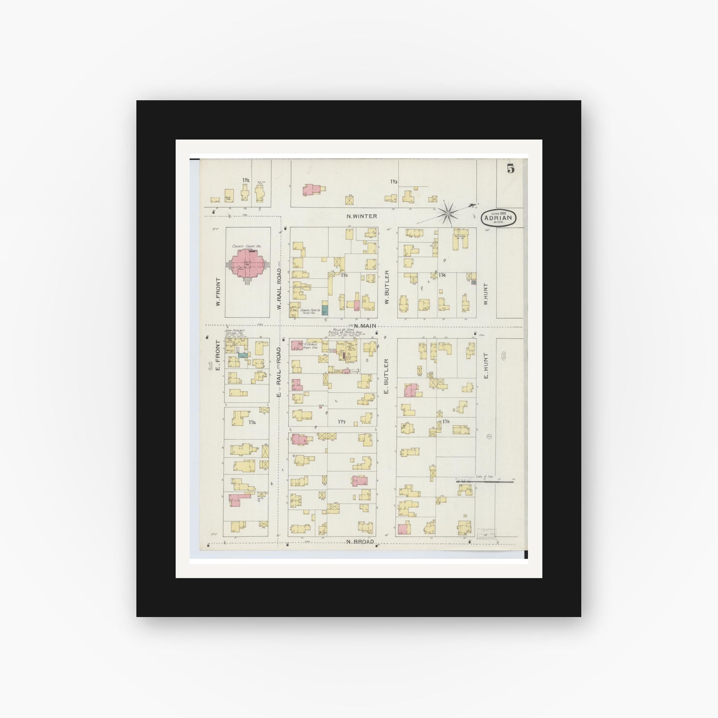 Old map wall art mockup — black gallery frame with white mat — Sanborn Fire Insurance Map from Adrian, Lenawee County, Michigan (1893), Sheet #0005
