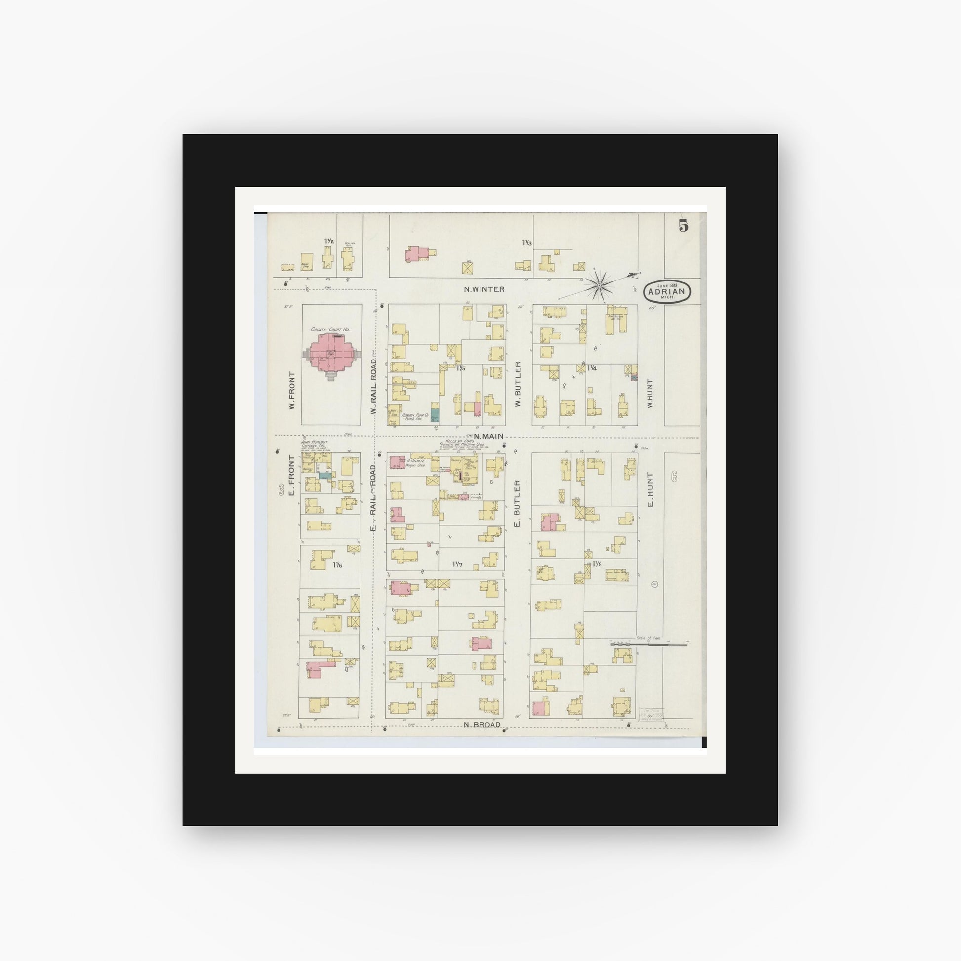 Old map wall art mockup — black gallery frame with white mat — Sanborn Fire Insurance Map from Adrian, Lenawee County, Michigan (1893), Sheet #0005