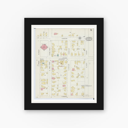 Old map wall art mockup — black gallery frame with white mat — Sanborn Fire Insurance Map from Adrian, Lenawee County, Michigan (1893), Sheet #0005