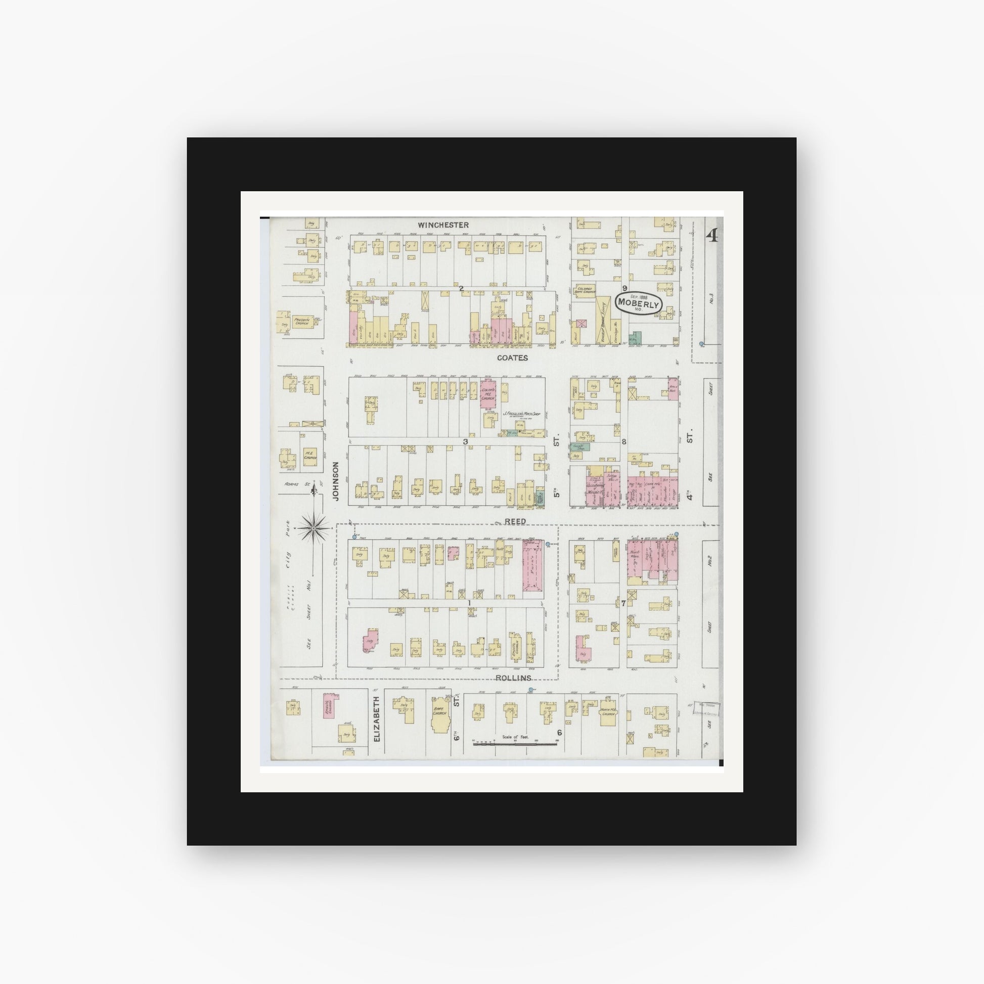 Old map wall art mockup — black gallery frame with white mat — Sanborn Fire Insurance Map from Moberly, Randolph County, Missouri (1888), Sheet #0004