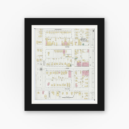 Old map wall art mockup — black gallery frame with white mat — Sanborn Fire Insurance Map from Moberly, Randolph County, Missouri (1888), Sheet #0004