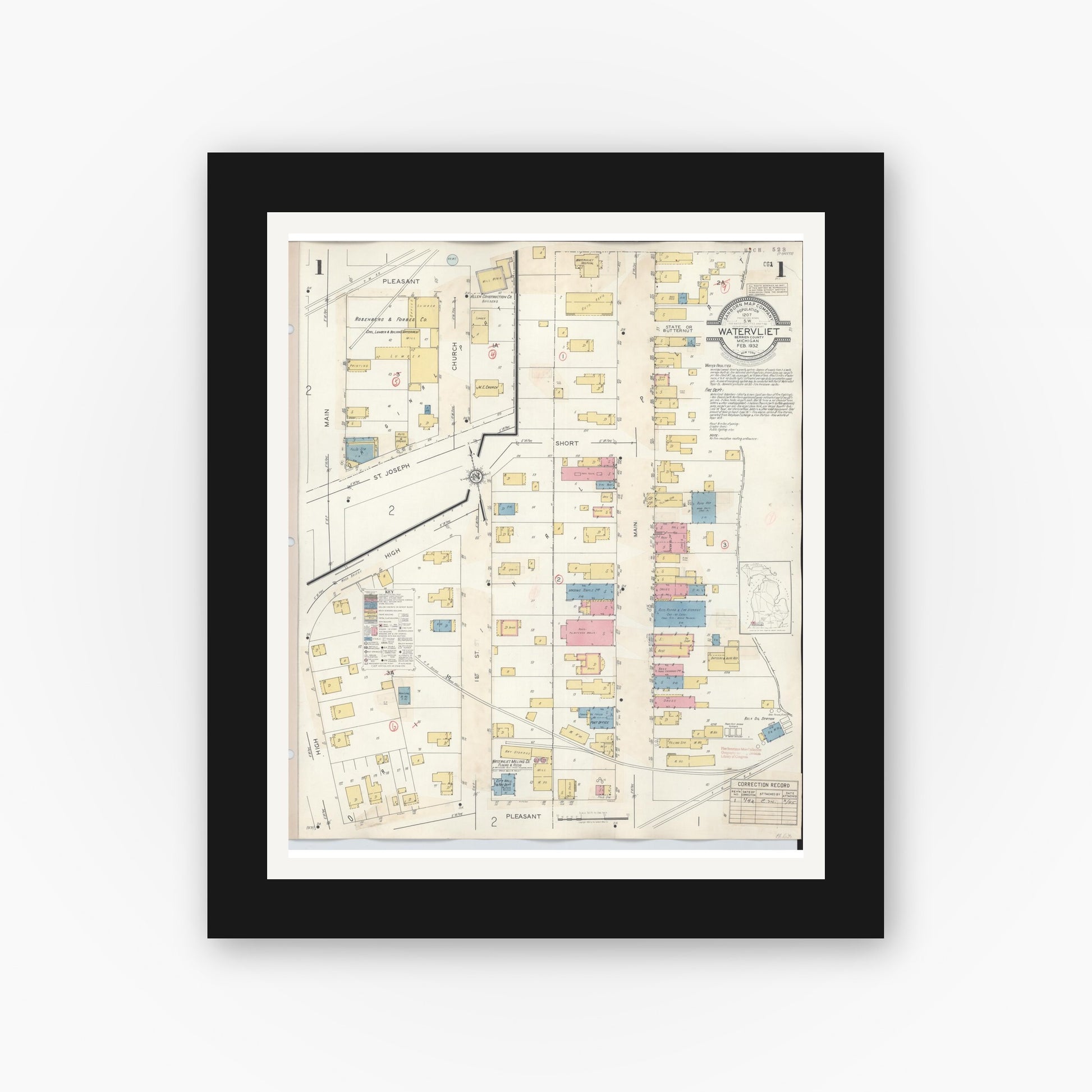 Old map wall art mockup — black gallery frame with white mat — Sanborn Fire Insurance Map from Watervliet, Berrien County, Michigan (1942) - Complete Map Set
