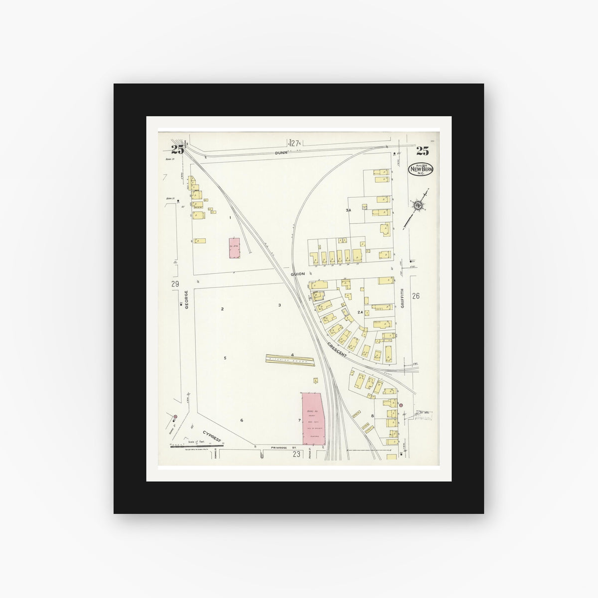 Old map wall art mockup — black gallery frame with white mat — Sanborn Fire Insurance Map from New Bern, Craven County, North Carolina (1924), Sheet #0025