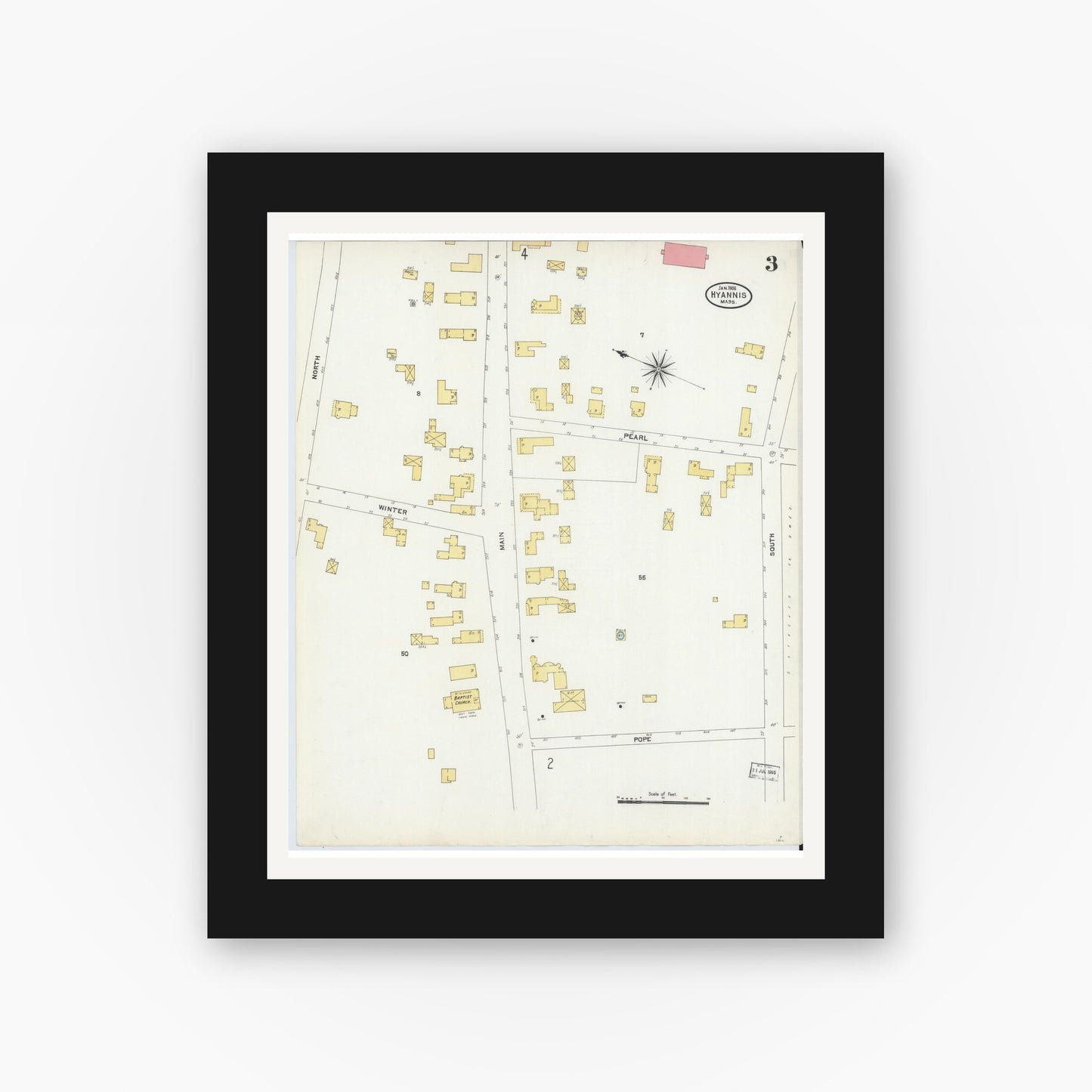 Old map wall art mockup — black gallery frame with white mat — Sanborn Fire Insurance Map from Hyannis, Barnstable County, Massachusetts (1906), Sheet #0003
