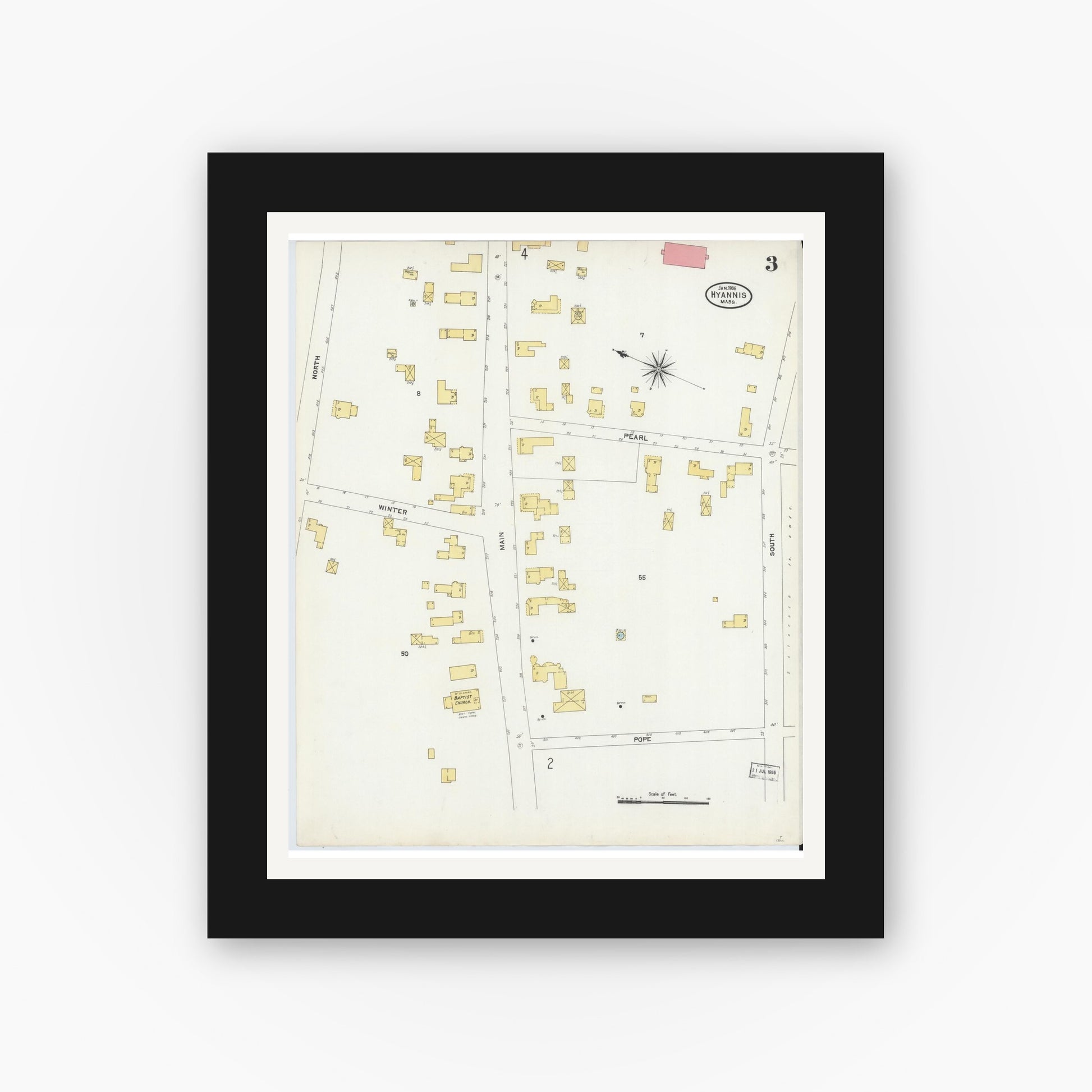 Old map wall art mockup — black gallery frame with white mat — Sanborn Fire Insurance Map from Hyannis, Barnstable County, Massachusetts (1906), Sheet #0003