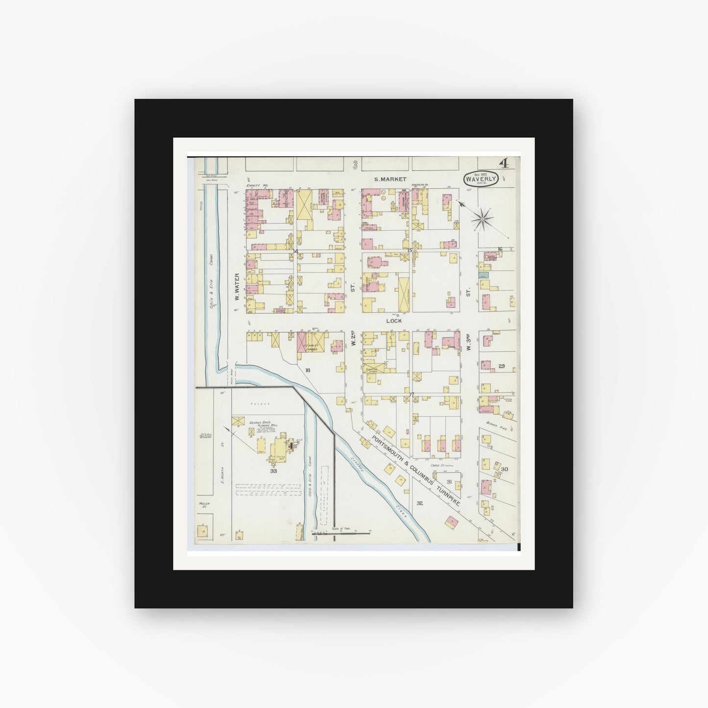 Old map wall art mockup — black gallery frame with white mat — Sanborn Fire Insurance Map from Waverly, Pike County, Ohio (1892), Sheet #0004