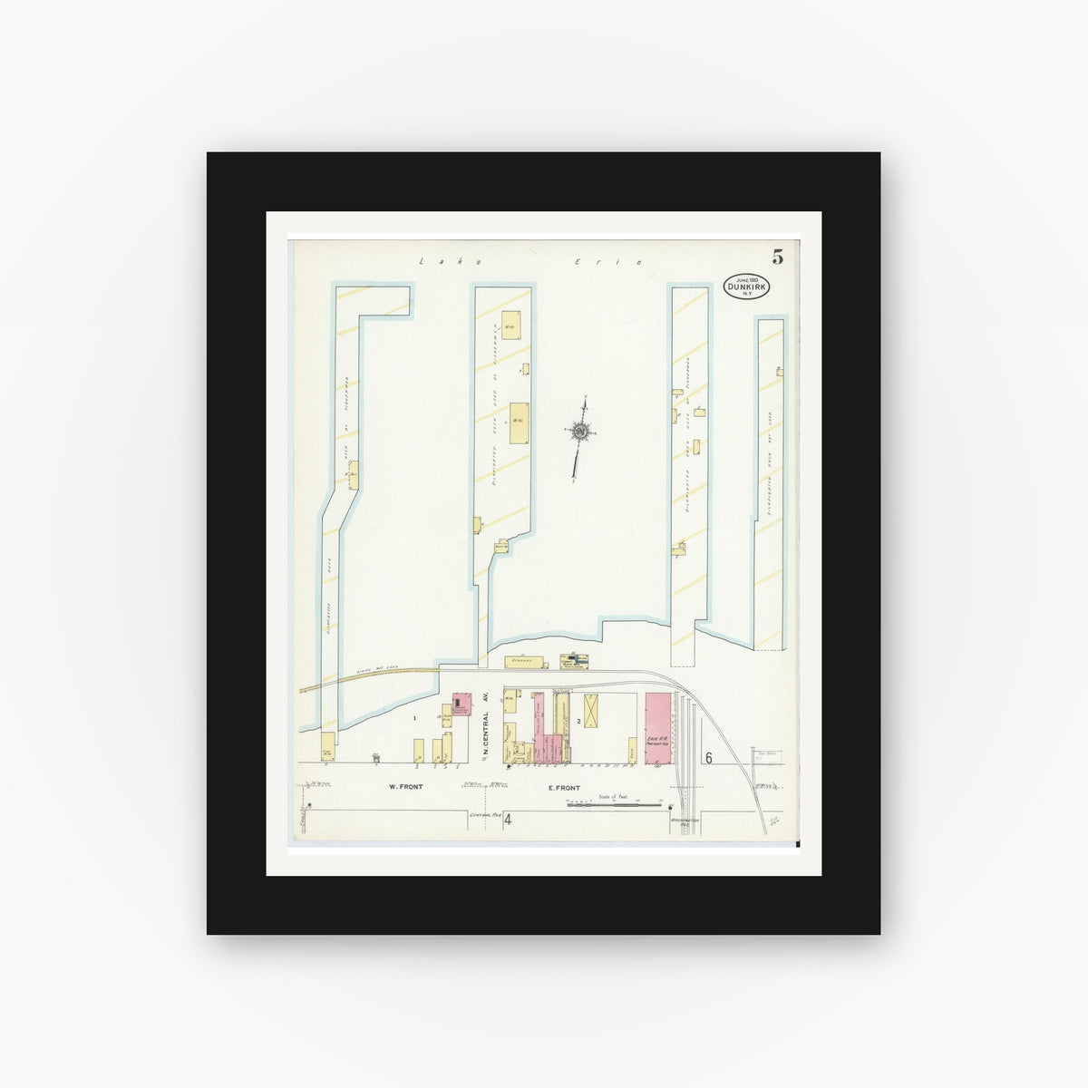 Old map wall art mockup — black gallery frame with white mat — Sanborn Fire Insurance Map from Dunkirk, Chautauqua County, New York (1910), Sheet #0005