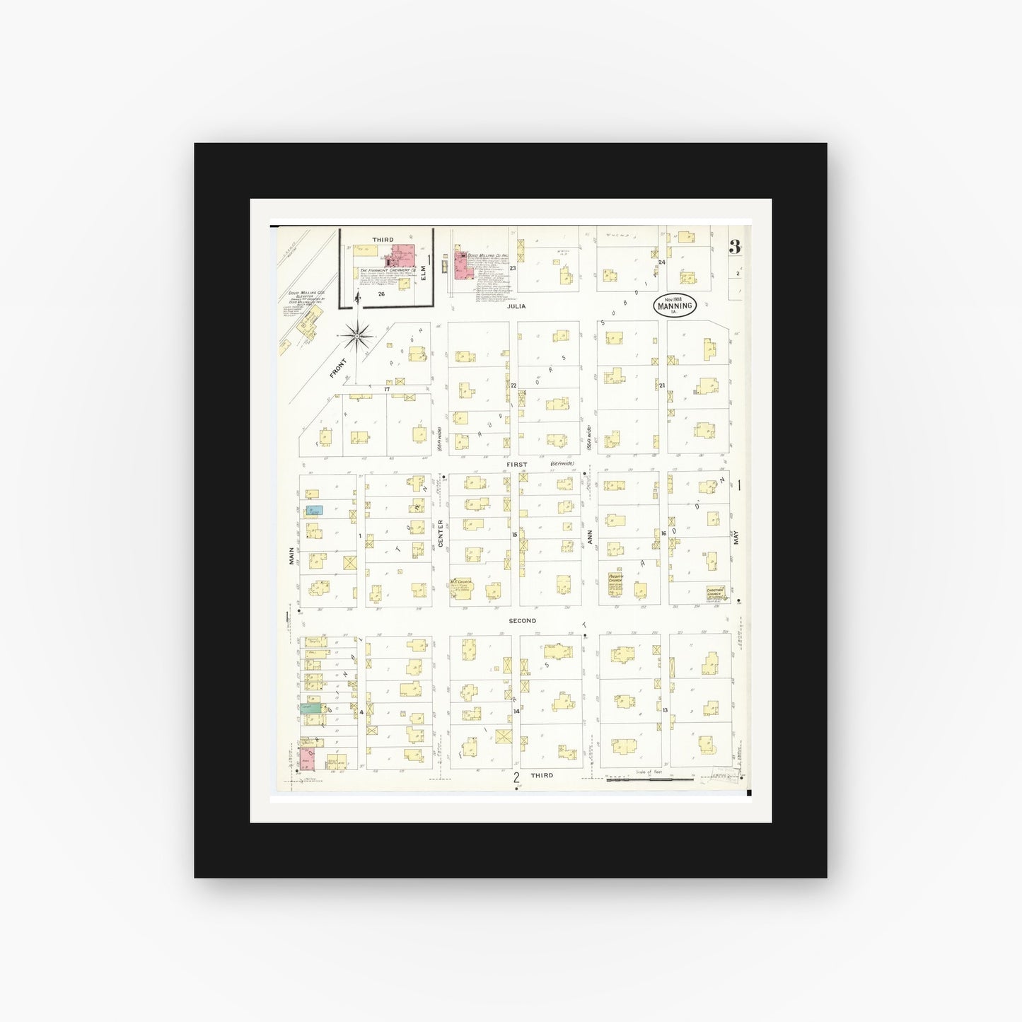 Old map wall art mockup — black gallery frame with white mat — Sanborn Fire Insurance Map from Manning, Carroll County, Iowa (1908), Sheet #0003