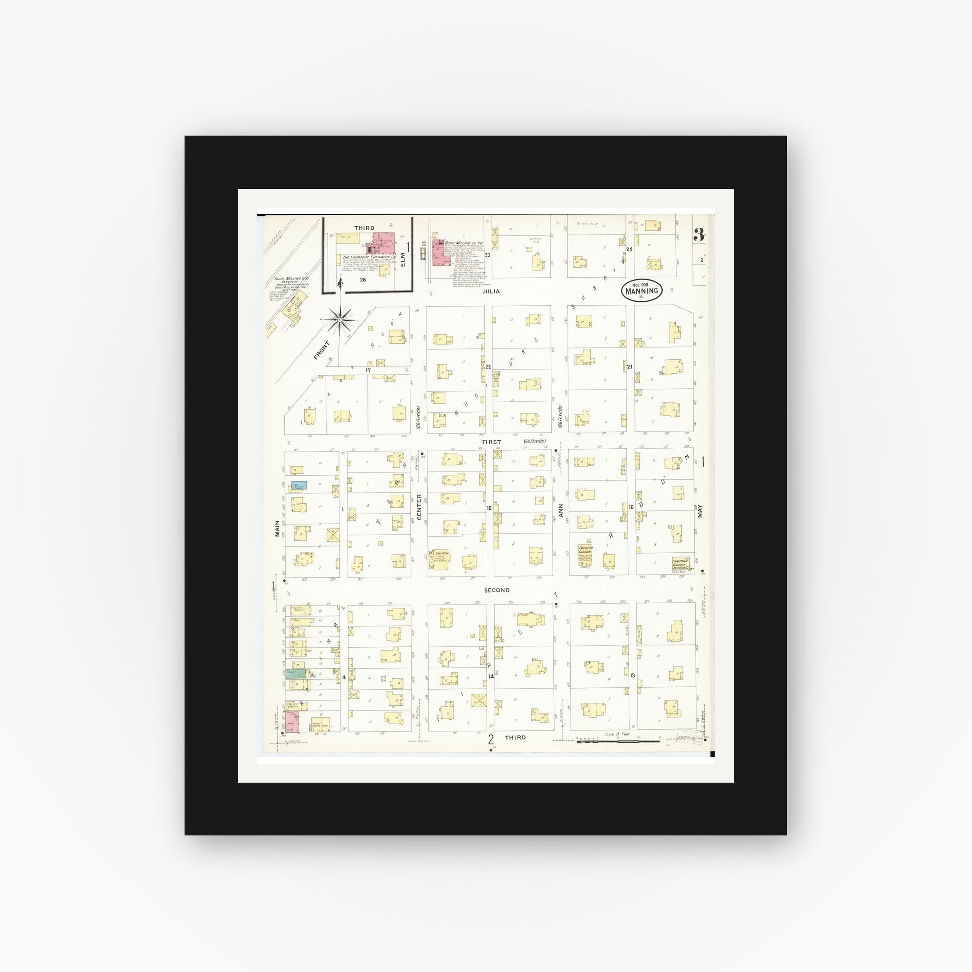 Old map wall art mockup — black gallery frame with white mat — Sanborn Fire Insurance Map from Manning, Carroll County, Iowa (1908), Sheet #0003