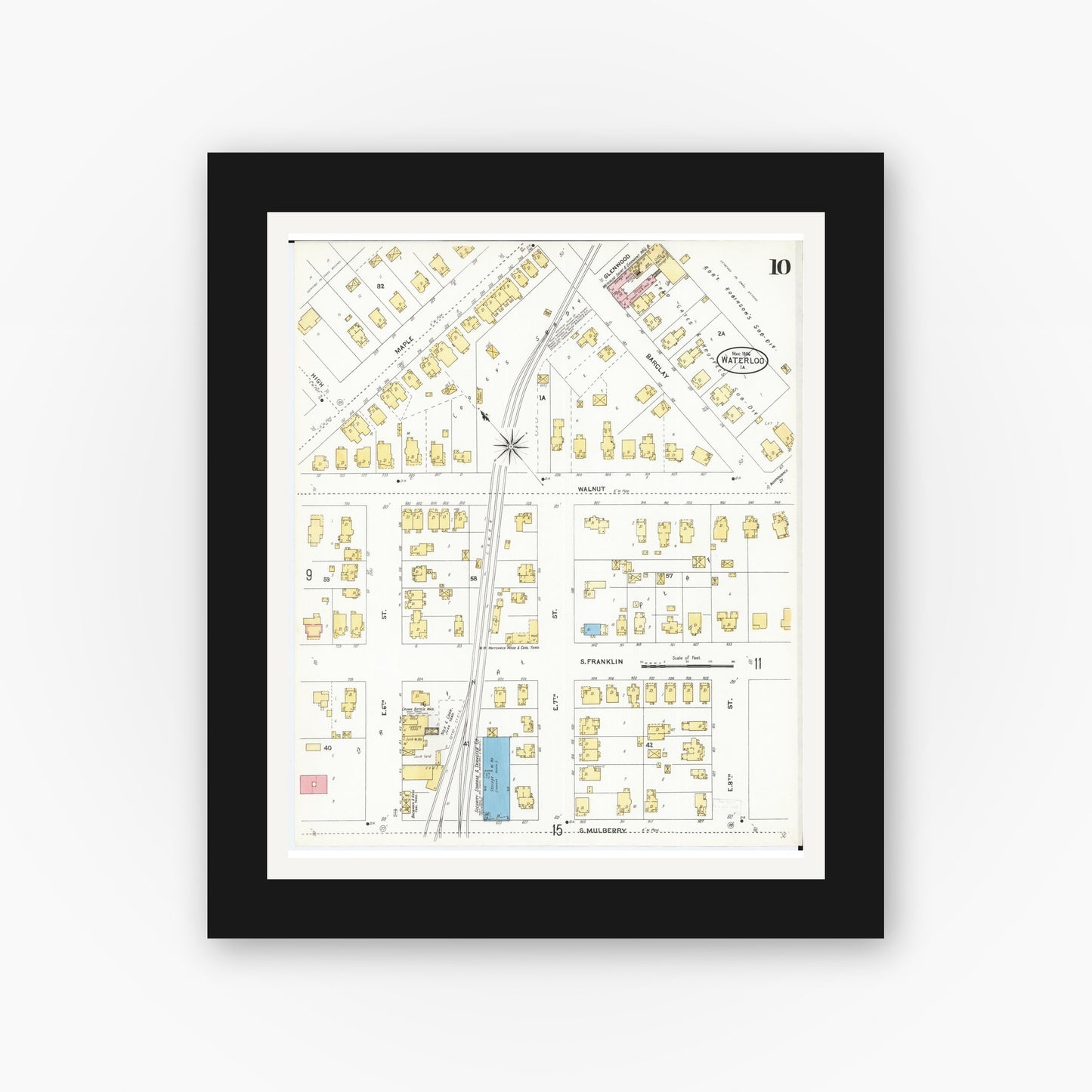 Old map wall art mockup — black gallery frame with white mat — Sanborn Fire Insurance Map from Waterloo, Black Hawk County, Iowa (1906), Sheet #0010