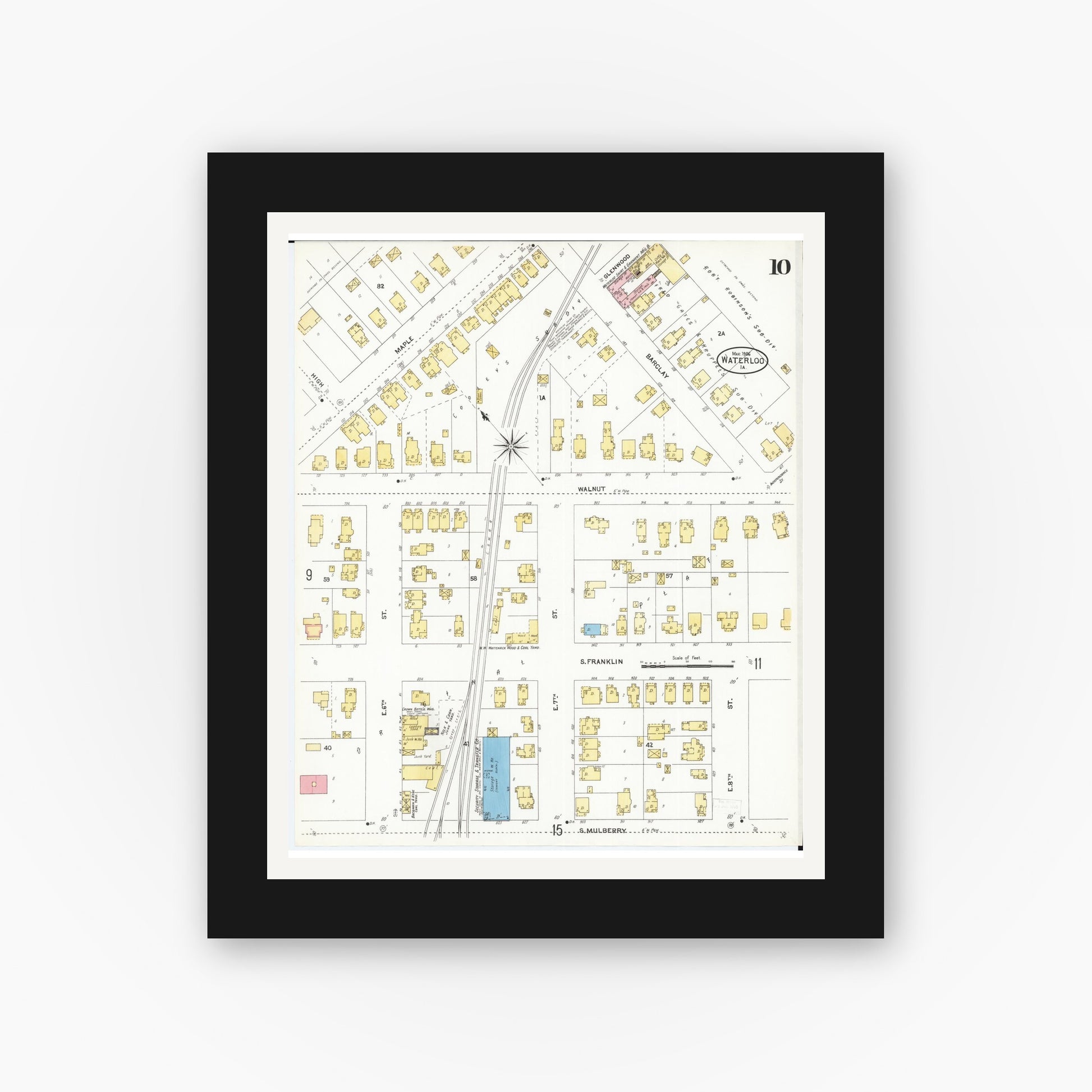 Old map wall art mockup — black gallery frame with white mat — Sanborn Fire Insurance Map from Waterloo, Black Hawk County, Iowa (1906), Sheet #0010
