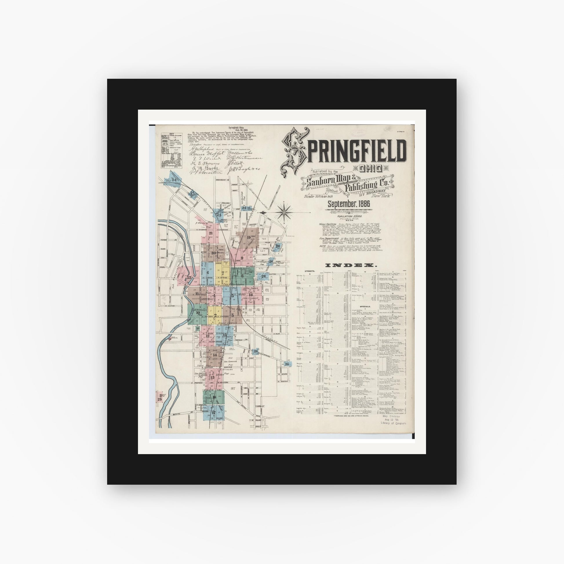 Old map wall art mockup — black gallery frame with white mat — Sanborn Fire Insurance Map from Springfield, Clark County, Ohio (1886), Sheet #0001