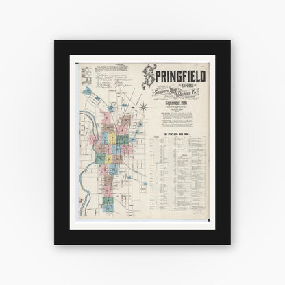 Old map wall art mockup — black gallery frame with white mat — Sanborn Fire Insurance Map from Springfield, Clark County, Ohio (1886), Sheet #0001