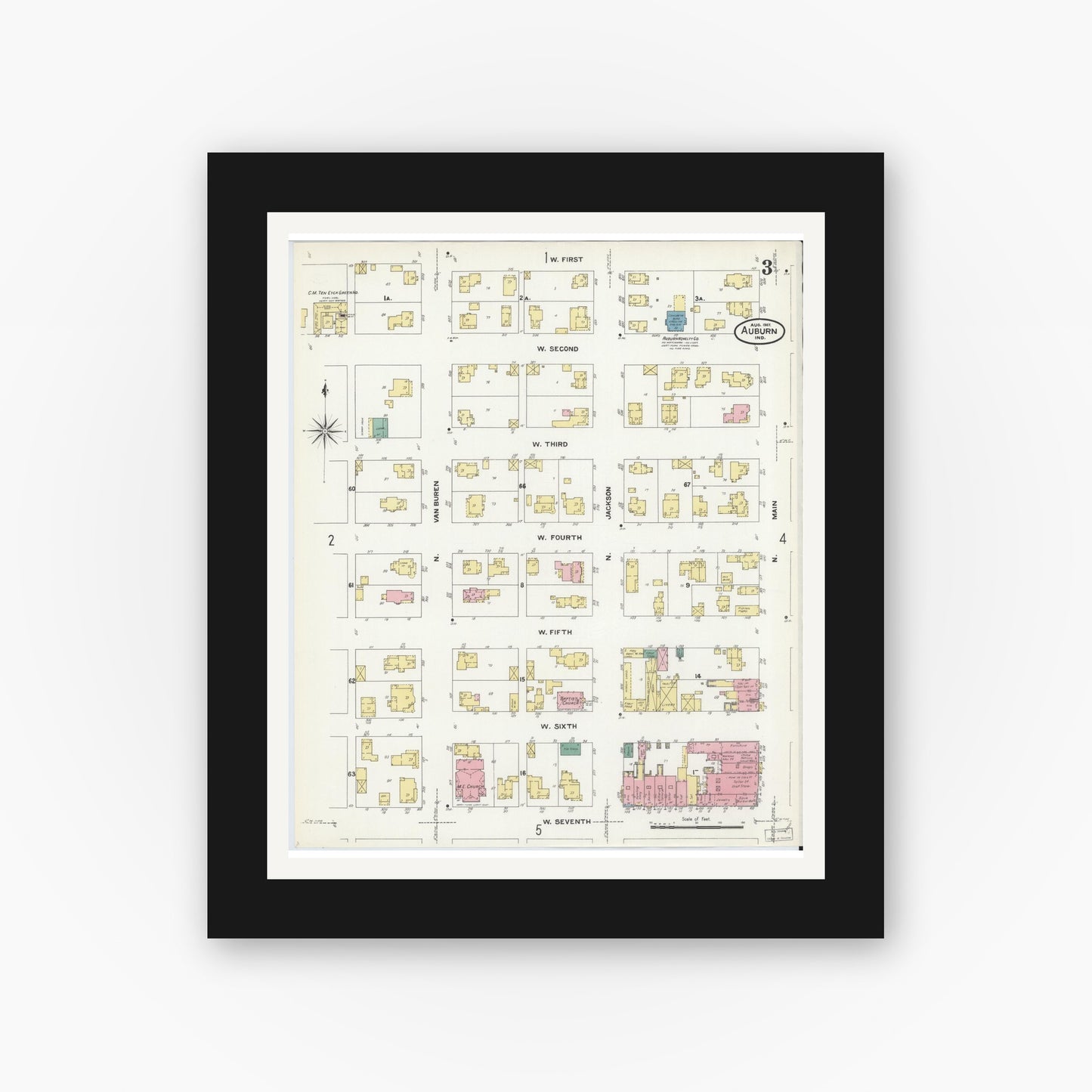 Old map wall art mockup — black gallery frame with white mat — Sanborn Fire Insurance Map from Auburn, De Kalb County, Indiana (1907), Sheet #0003