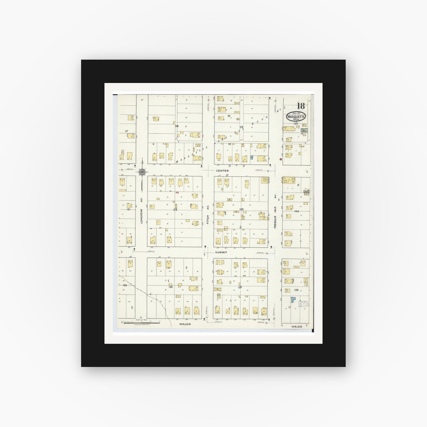 Old map wall art mockup — black gallery frame with white mat — Sanborn Fire Insurance Map from Marquette, Marquette County, Michigan (1917), Sheet #0018