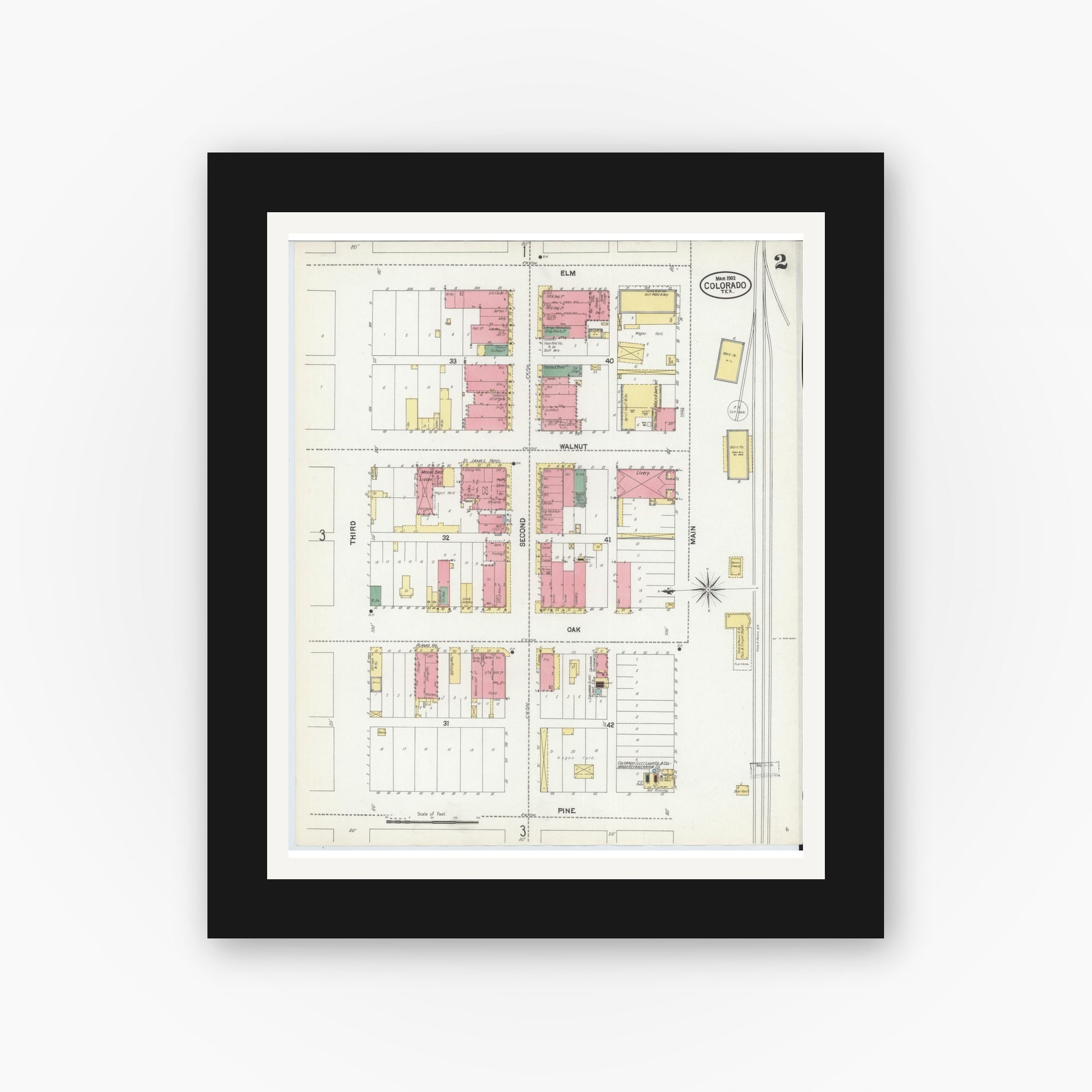 Old map wall art mockup — black gallery frame with white mat — Sanborn Fire Insurance Map from Colorado, Mitchell County, Texas (1902), Sheet #0002