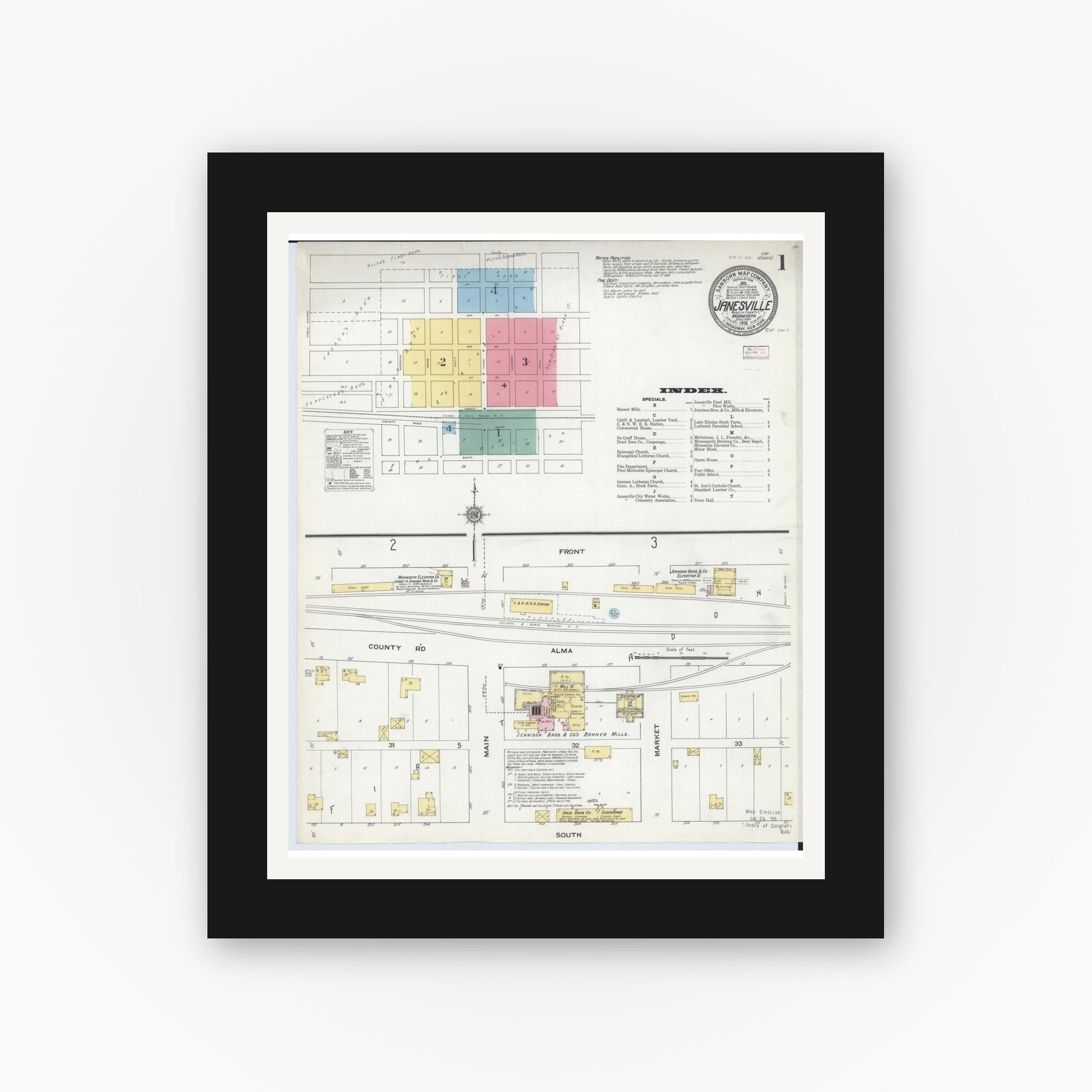 Old map wall art mockup — black gallery frame with white mat — Sanborn Fire Insurance Map from Janesville, Waseca County, Minnesota (1910) - Complete Map Set