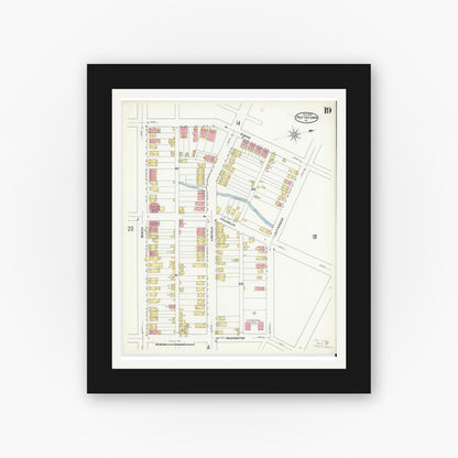 Old map wall art mockup — black gallery frame with white mat — Sanborn Fire Insurance Map from Pottstown, Montgomery County, Pennsylvania (1909), Sheet #0019