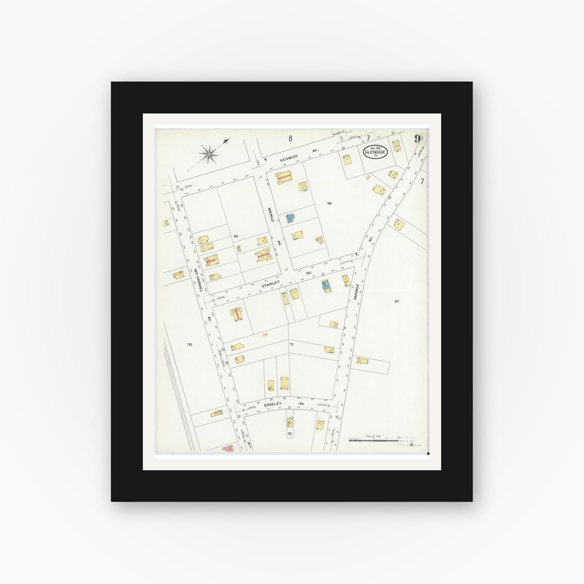 Old map wall art mockup — black gallery frame with white mat — Sanborn Fire Insurance Map from Glenside, Montgomery County, Pennsylvania (1909), Sheet #0009