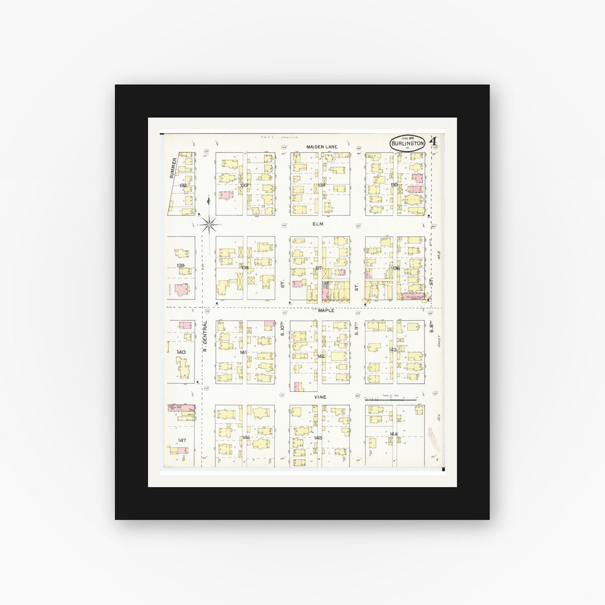 Old map wall art mockup — black gallery frame with white mat — Sanborn Fire Insurance Map from Burlington, Des Moines County, Iowa (1892), Sheet #0004