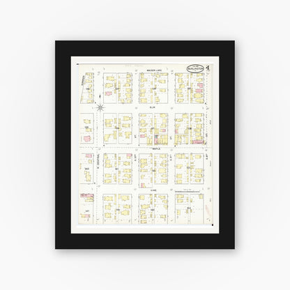 Old map wall art mockup — black gallery frame with white mat — Sanborn Fire Insurance Map from Burlington, Des Moines County, Iowa (1892), Sheet #0004