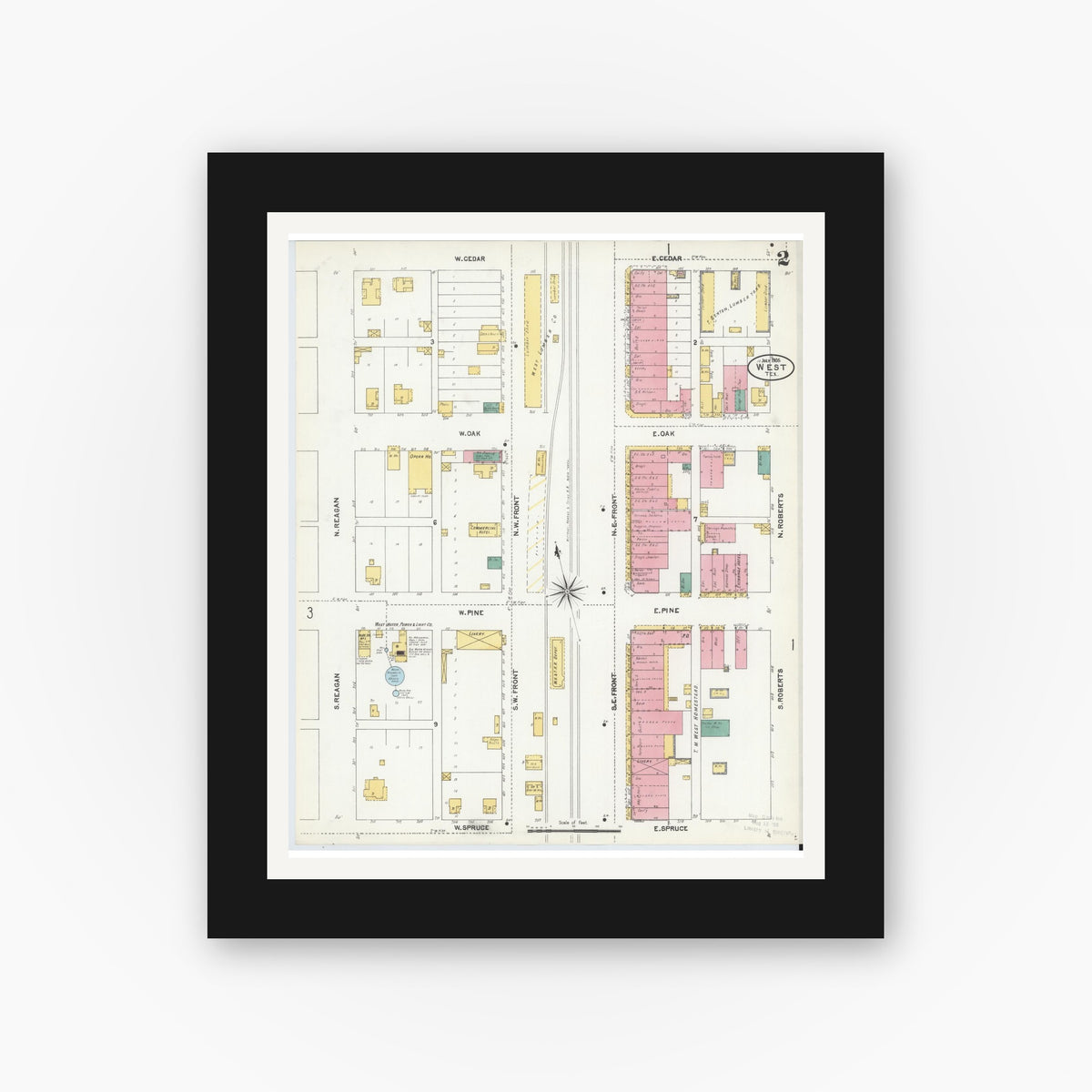 Old map wall art mockup — black gallery frame with white mat — Sanborn Fire Insurance Map from West, McLennan County, Texas (1905), Sheet #0002