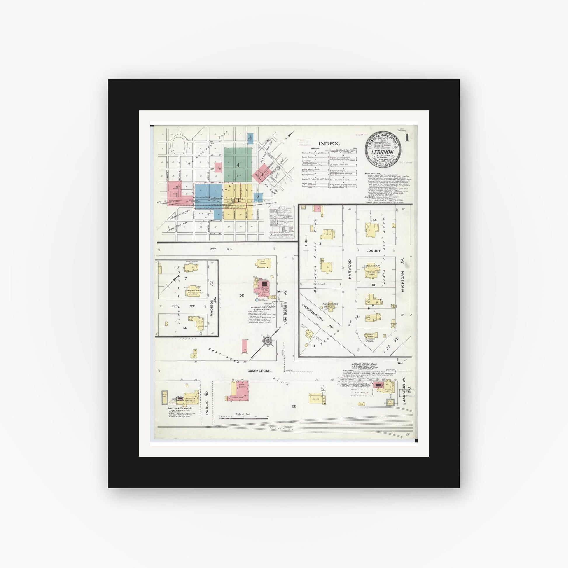 Old map wall art mockup — black gallery frame with white mat — Sanborn Fire Insurance Map from Lebanon, Laclede County, Missouri (1910), Sheet #0001