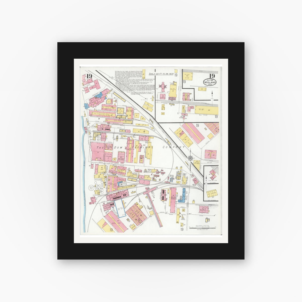 Old map wall art mockup — black gallery frame with white mat — Sanborn Fire Insurance Map from Midland, Midland County, Michigan (1926), Sheet #0019