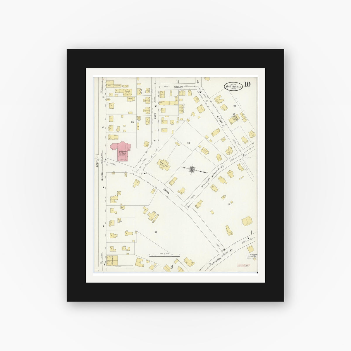 Old map wall art mockup — black gallery frame with white mat — Sanborn Fire Insurance Map from Whitinsville, Worcester County, Massachusetts (1910), Sheet #0010