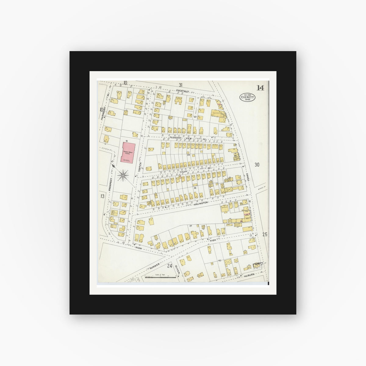 Old map wall art mockup — black gallery frame with white mat — Sanborn Fire Insurance Map from Everett, Middlesex County, Massachusetts (1903), Sheet #0014