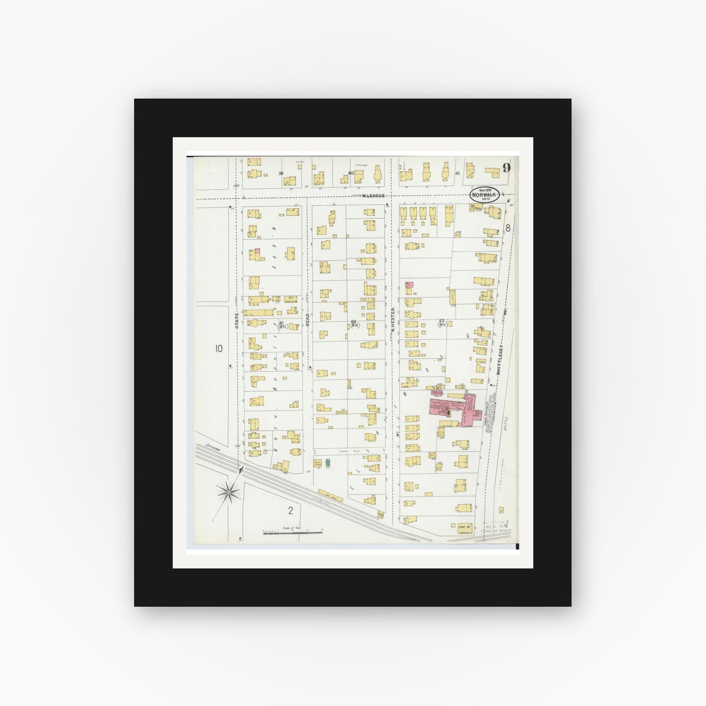 Old map wall art mockup — black gallery frame with white mat — Sanborn Fire Insurance Map from Norwalk, Huron County, Ohio (1899), Sheet #0009
