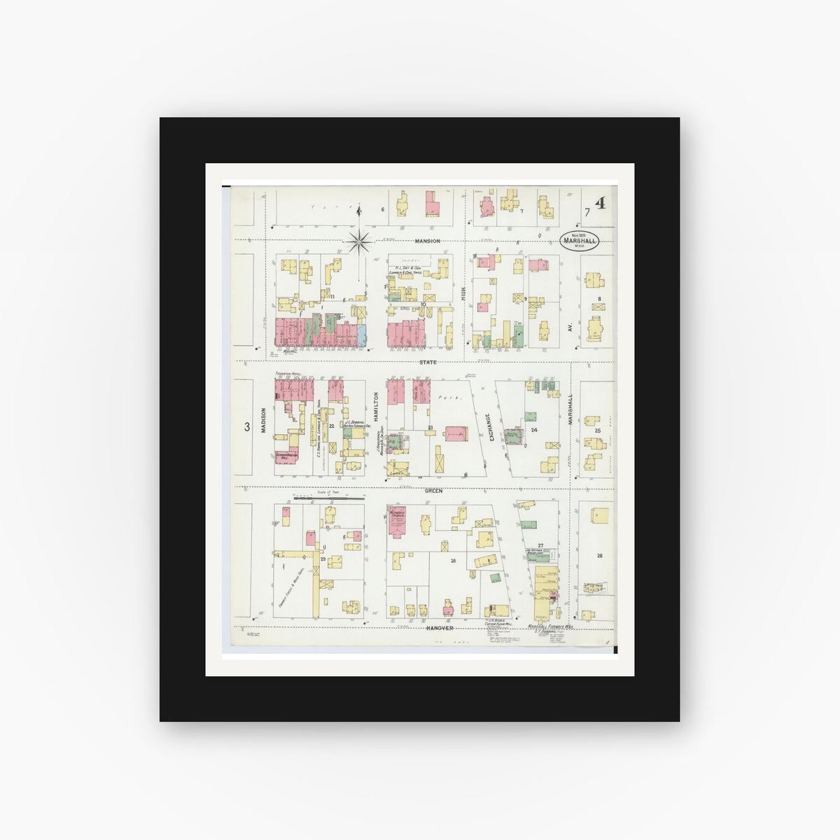 Old map wall art mockup — black gallery frame with white mat — Sanborn Fire Insurance Map from Marshall, Calhoun County, Michigan (1899), Sheet #0004