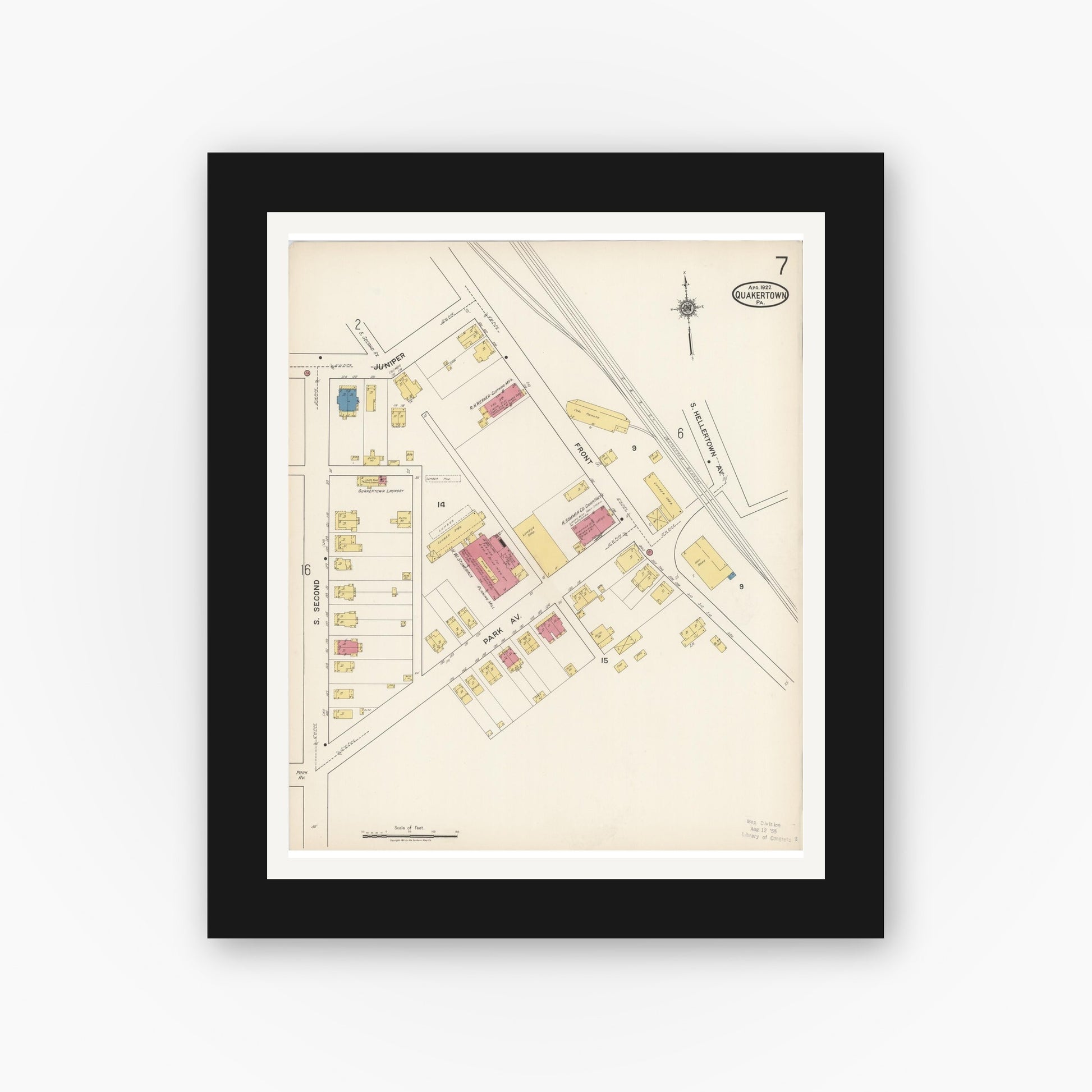 Old map wall art mockup — black gallery frame with white mat — Sanborn Fire Insurance Map from Quakertown, Bucks County, Pennsylvania (1922), Sheet #0007
