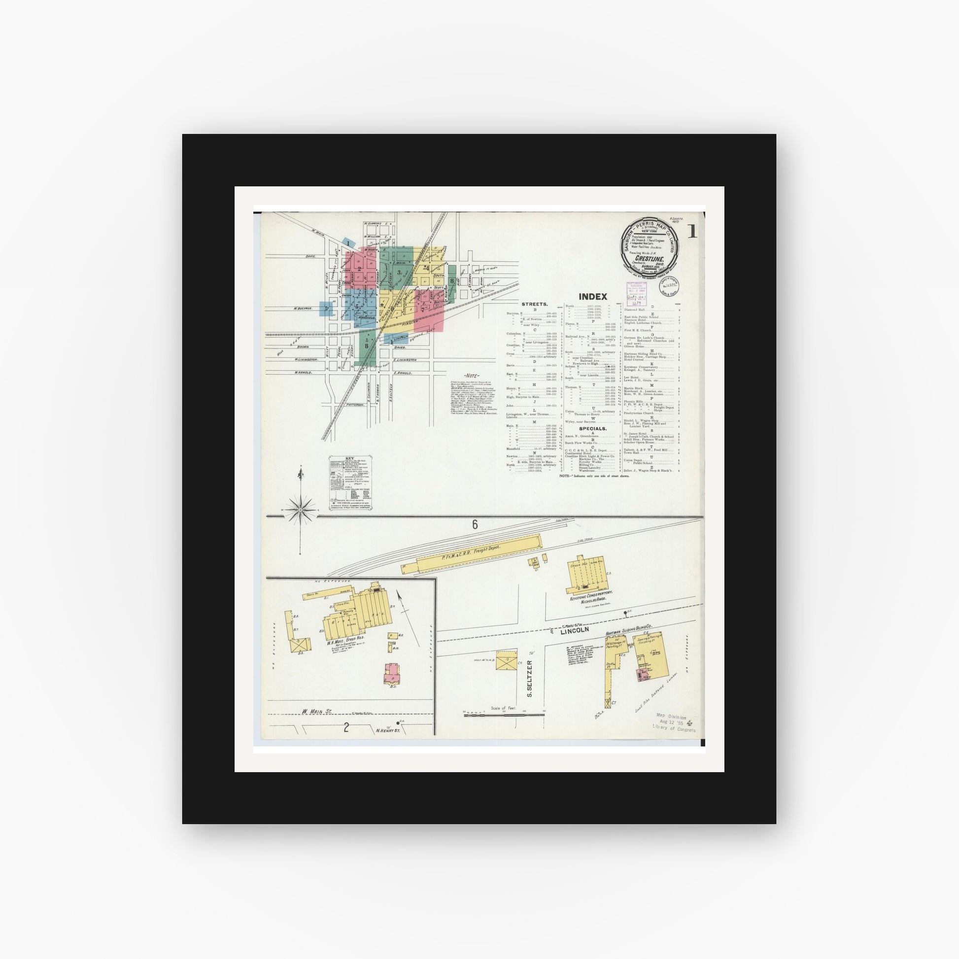 Old map wall art mockup — black gallery frame with white mat — Sanborn Fire Insurance Map from Crestline, Crawford County, Ohio (1901) - Complete Map Set