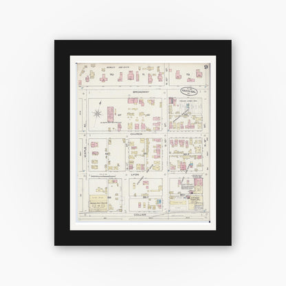 Old map wall art mockup — black gallery frame with white mat — Sanborn Fire Insurance Map from Hannibal, Marion County, Missouri (1885), Sheet #0009