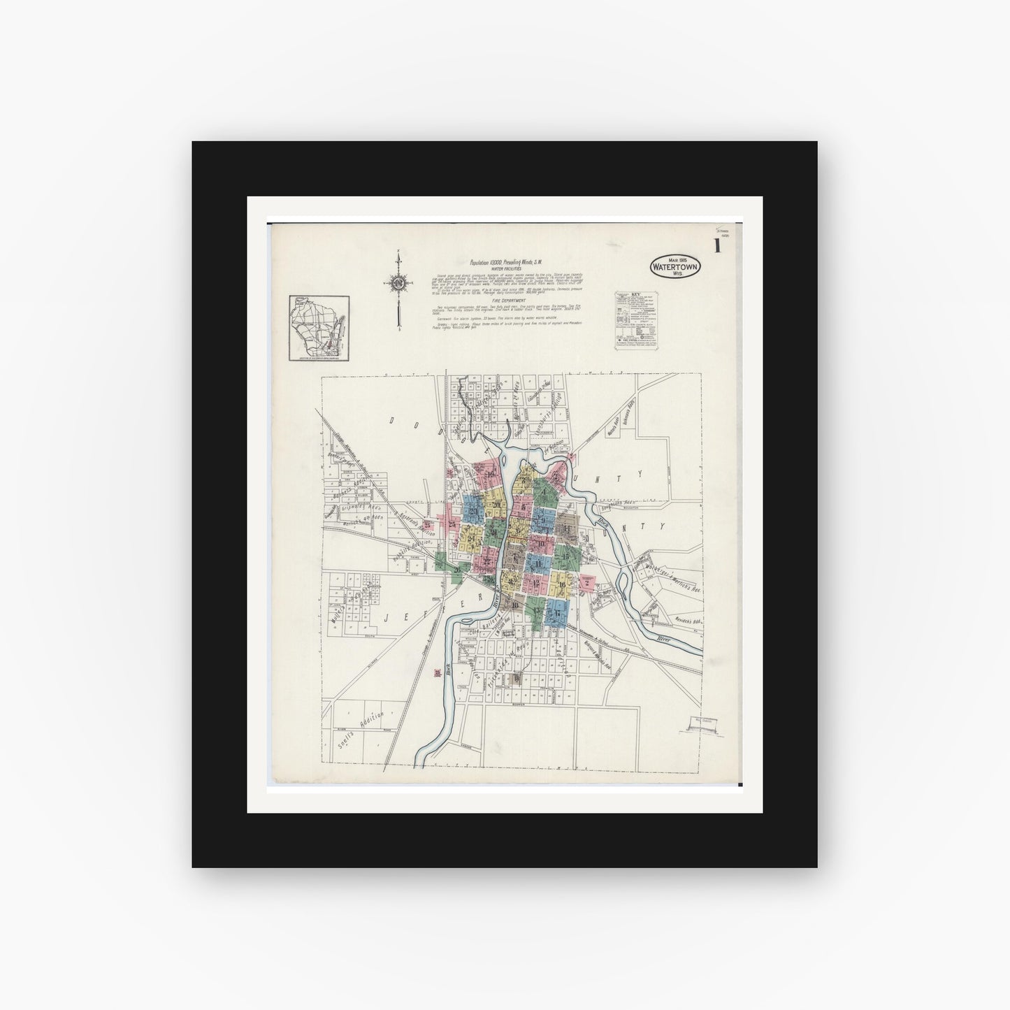 Old map wall art mockup — black gallery frame with white mat — Sanborn Fire Insurance Map from Watertown, Jefferson County, Wisconsin (1915), Sheet #0002