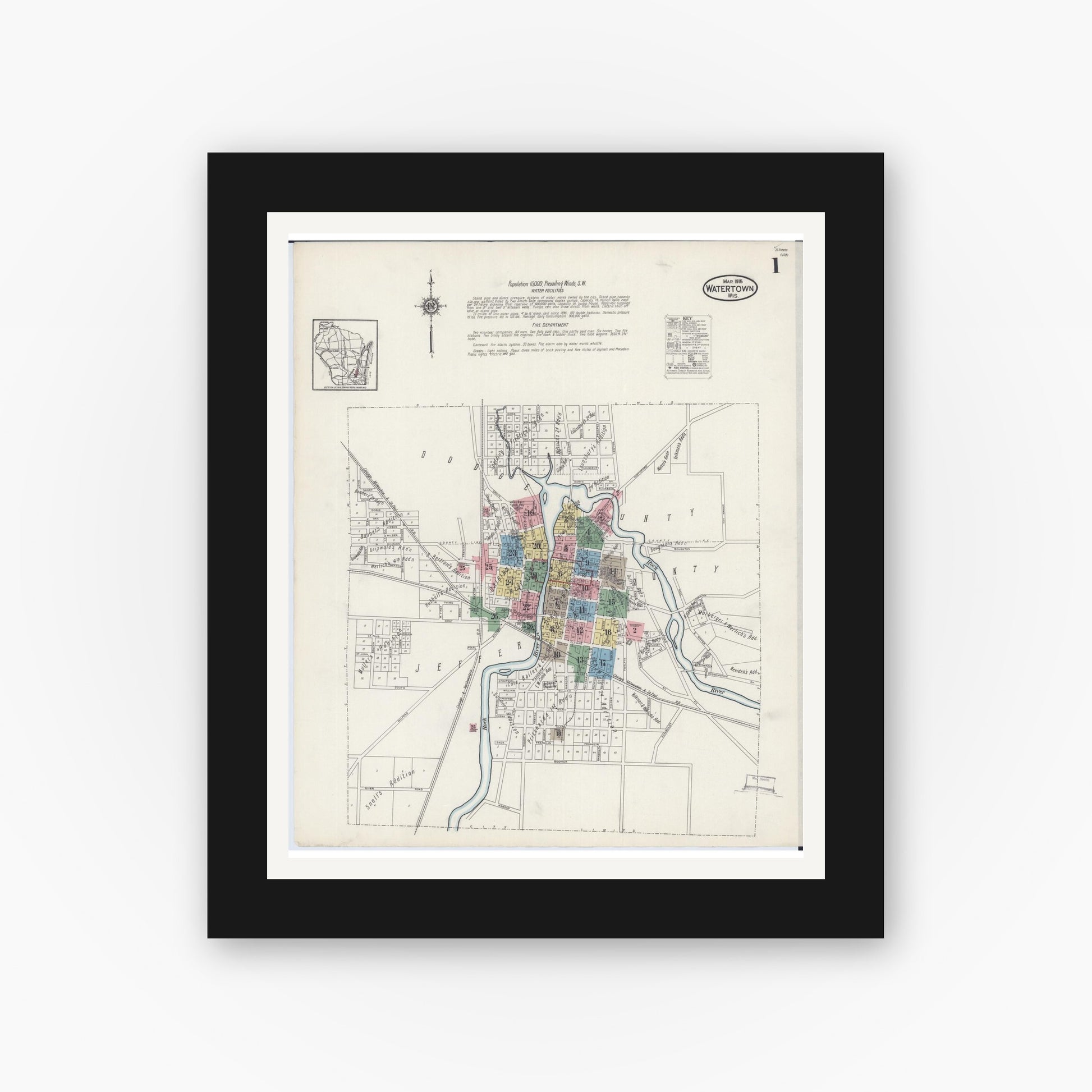 Old map wall art mockup — black gallery frame with white mat — Sanborn Fire Insurance Map from Watertown, Jefferson County, Wisconsin (1915), Sheet #0002