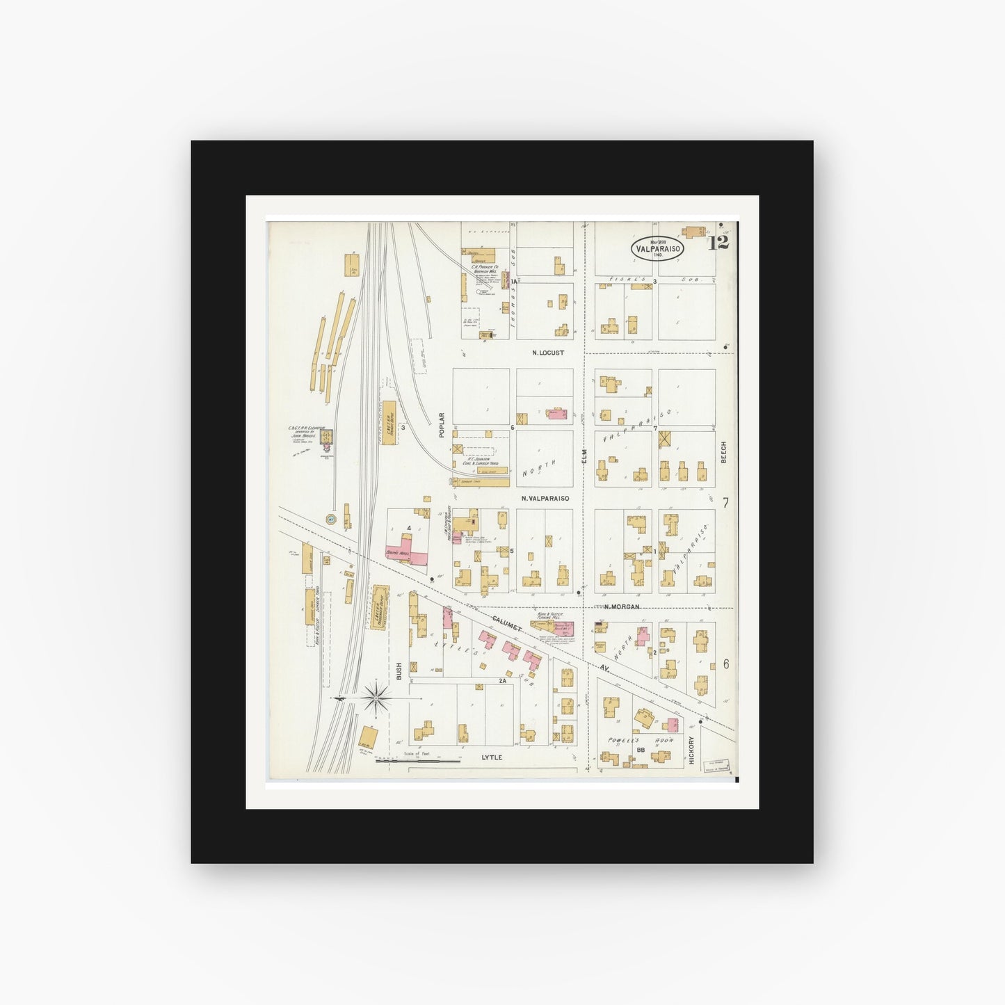 Old map wall art mockup — black gallery frame with white mat — Sanborn Fire Insurance Map from Valparaiso, Porter County, Indiana (1899), Sheet #0012