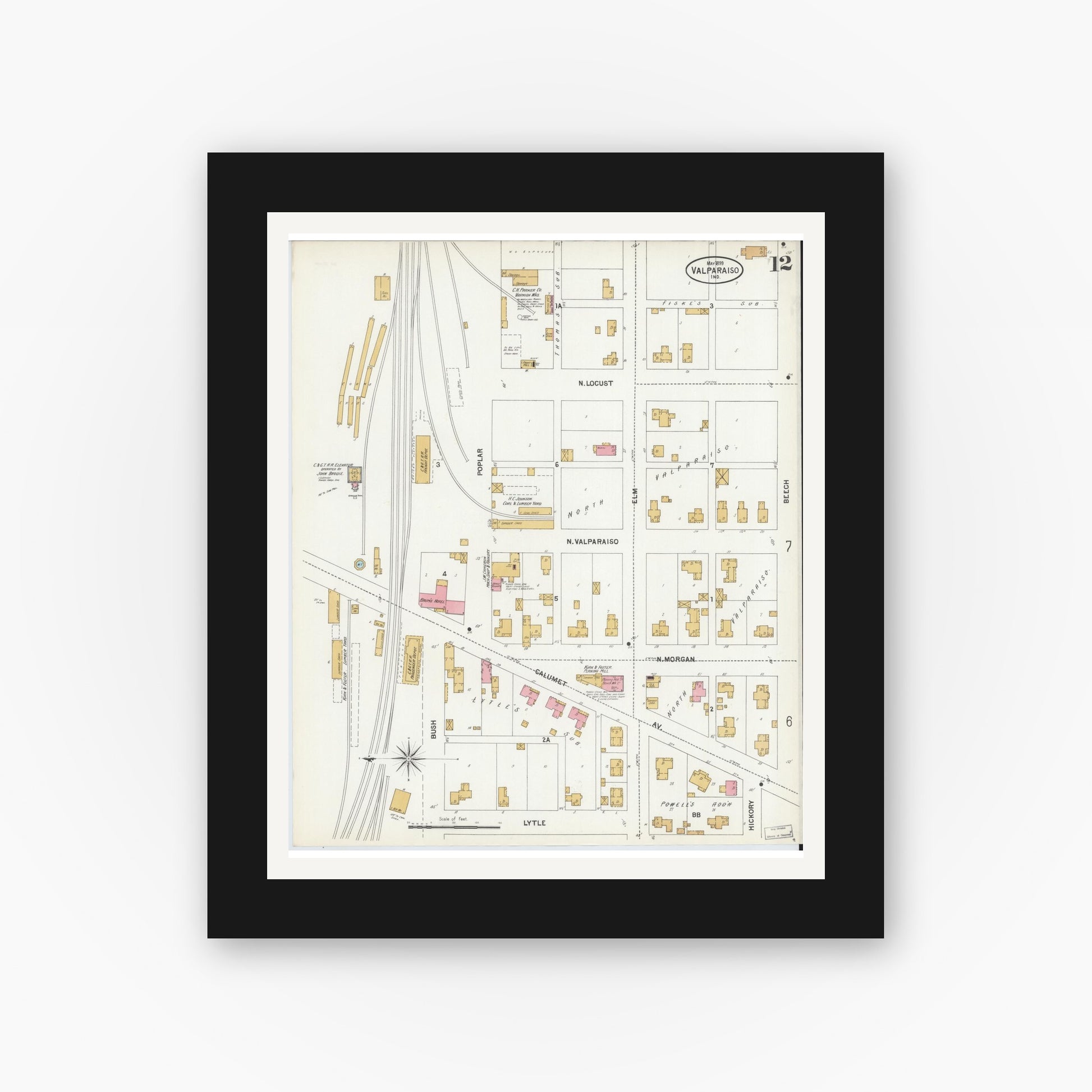 Old map wall art mockup — black gallery frame with white mat — Sanborn Fire Insurance Map from Valparaiso, Porter County, Indiana (1899), Sheet #0012