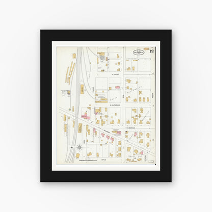 Old map wall art mockup — black gallery frame with white mat — Sanborn Fire Insurance Map from Valparaiso, Porter County, Indiana (1899), Sheet #0012