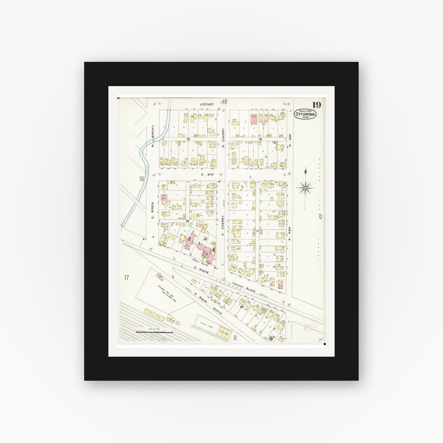 Old map wall art mockup — black gallery frame with white mat — Sanborn Fire Insurance Map from Ottumwa, Wapello County, Iowa (1897), Sheet #0019